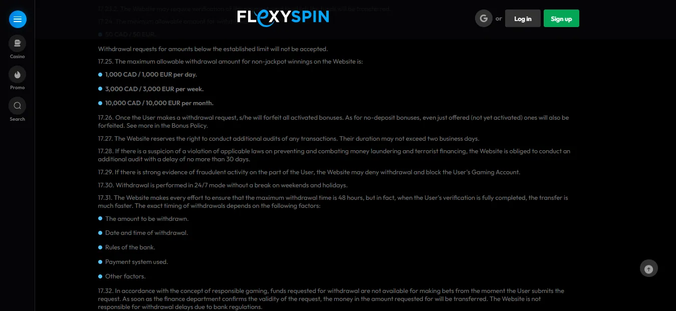 Screenshot of FLEXY-SPIN's withdrawal section and limits