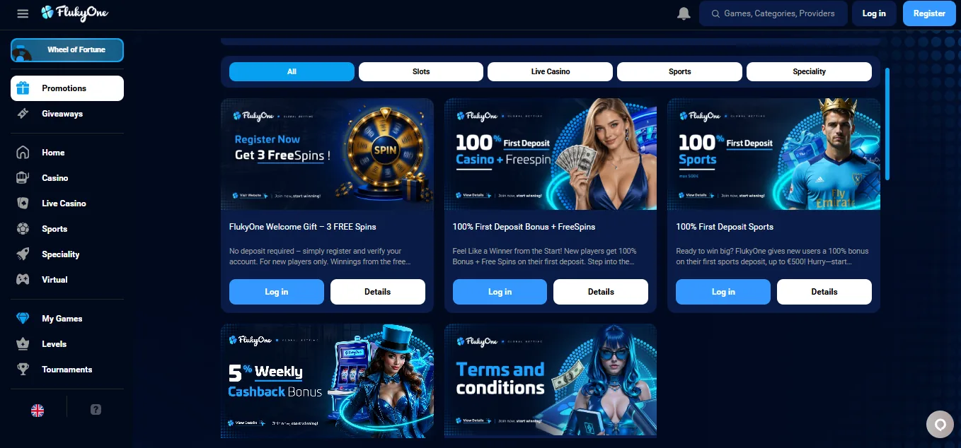 Screenshot of FlukyOne Casino's welcome bonus offer