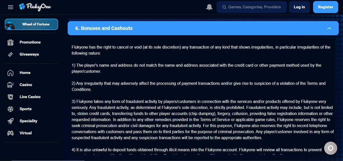 Screenshot of FlukyOne Casino's bonus terms and wagering requirements