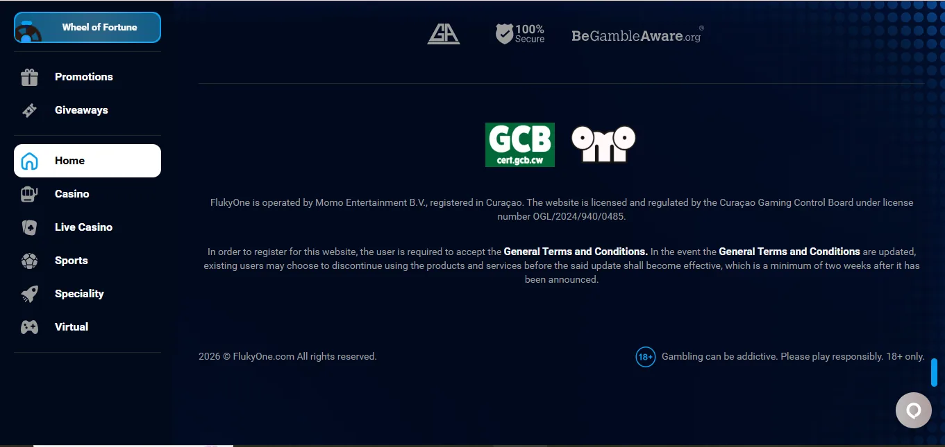 Screenshot of FlukyOne Casino's footer licence and regulator details