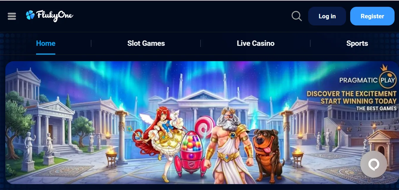 Screenshot of FlukyOne Casino's homepage
