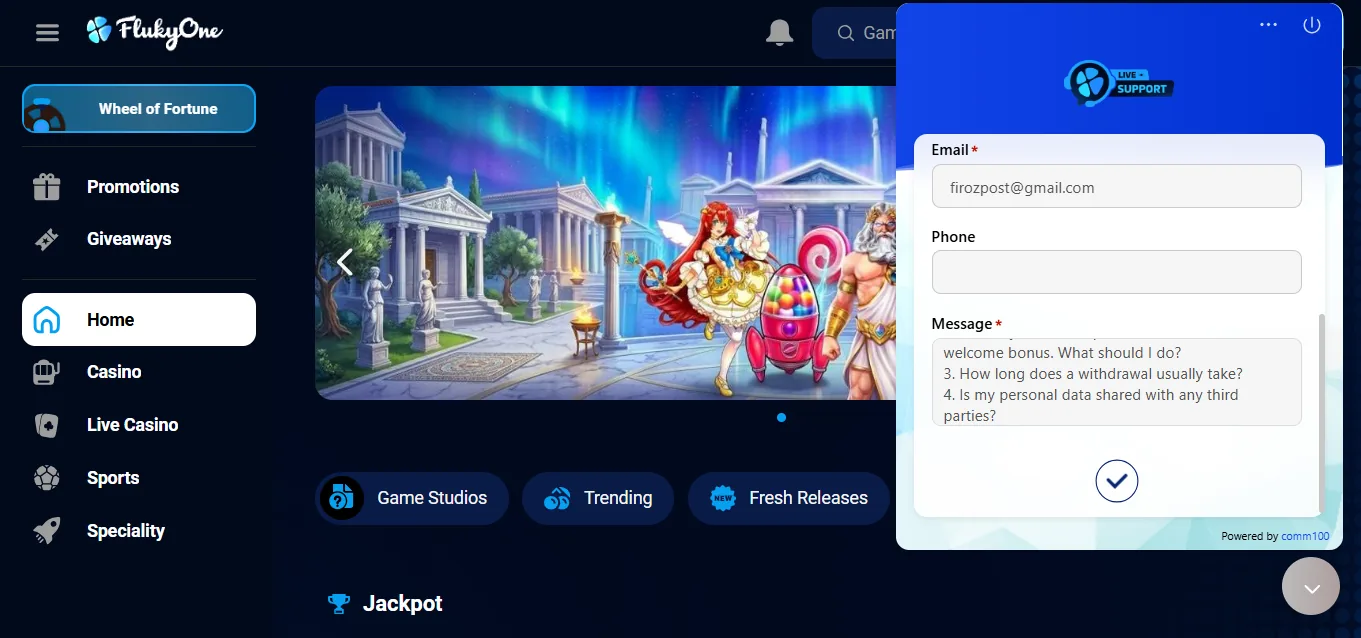 Screenshot of FlukyOne Casino's live chat support window