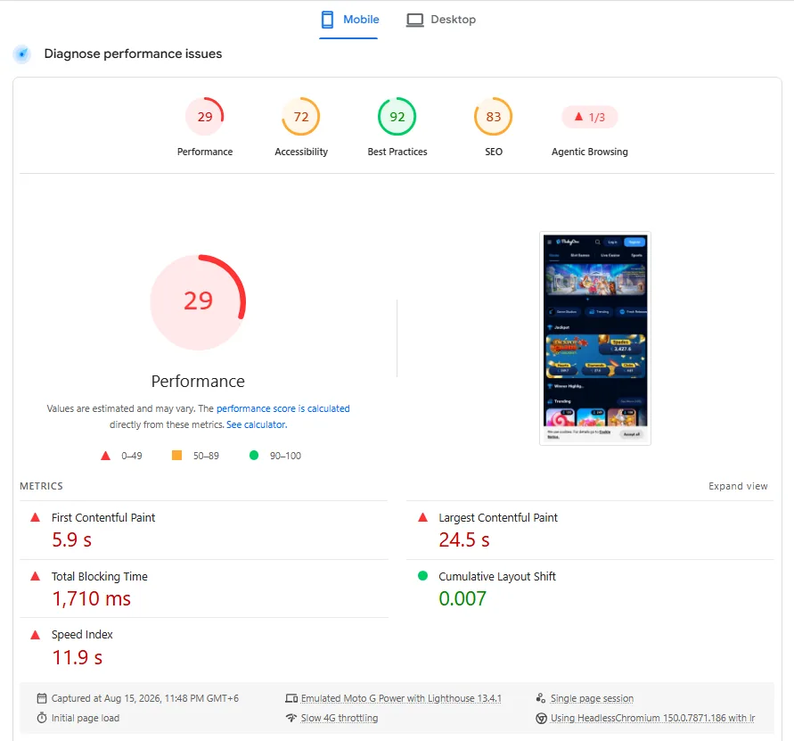 Screenshot of FlukyOne Casino's mobile site