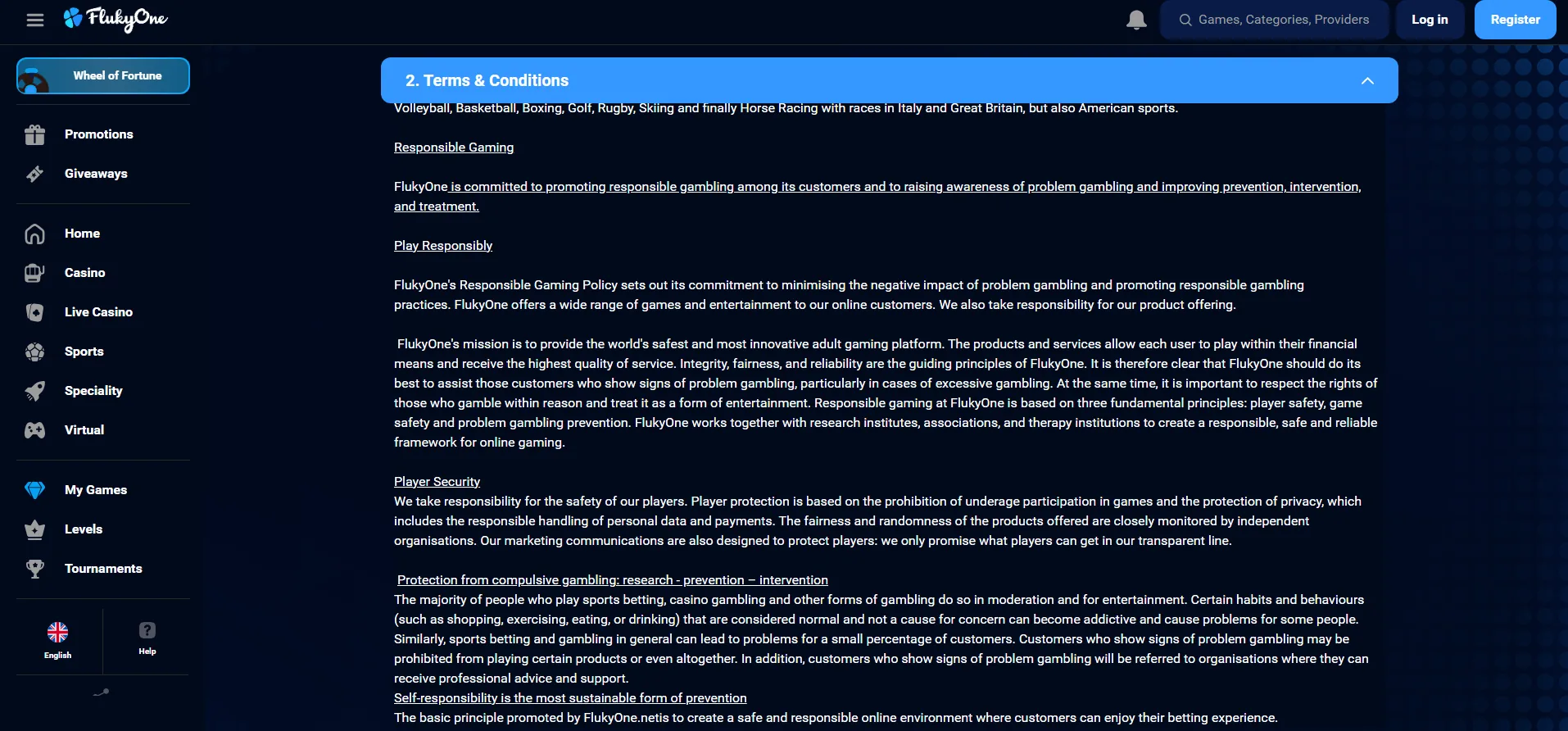 Screenshot of FlukyOne Casino's responsible-gambling tools