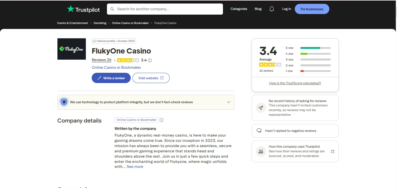 Screenshot of FlukyOne Casino's Trustpilot rating overview