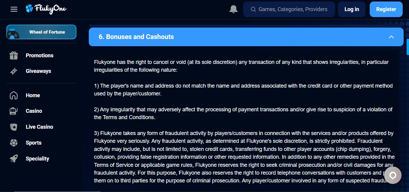 Screenshot of FlukyOne Casino's withdrawal section and limits