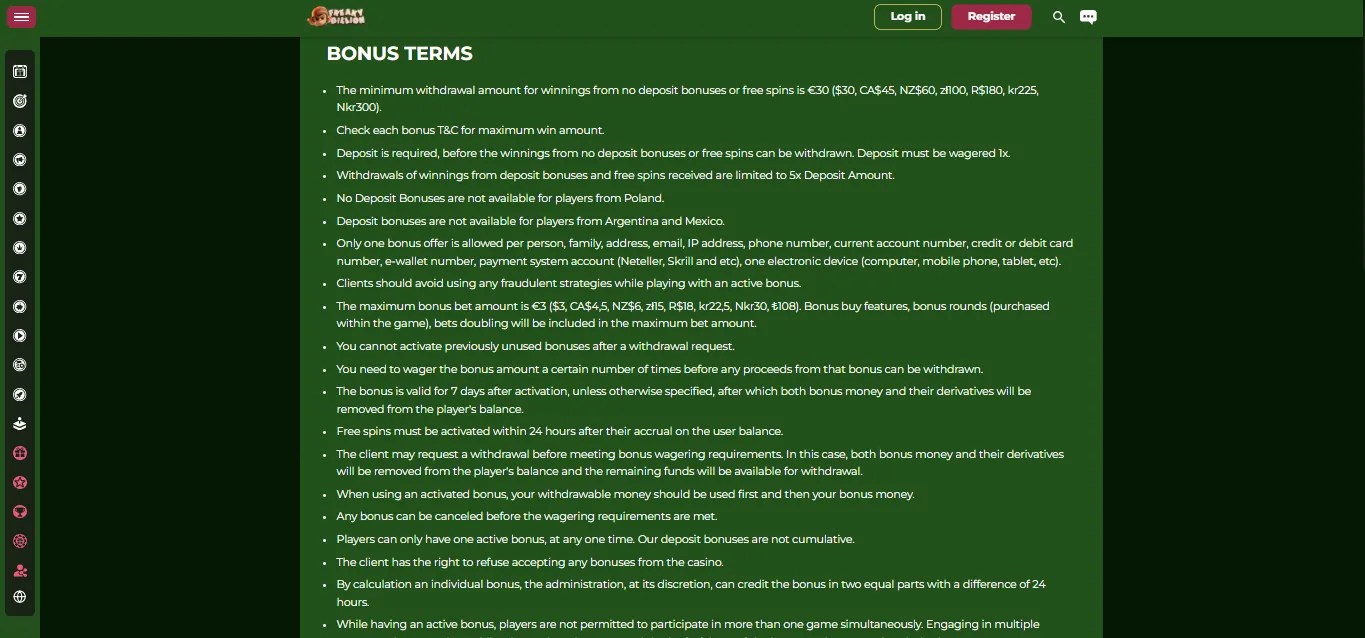 Screenshot of FreakyBillion's bonus terms and wagering requirements