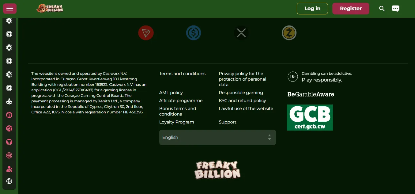 Screenshot of FreakyBillion's footer licence and regulator details