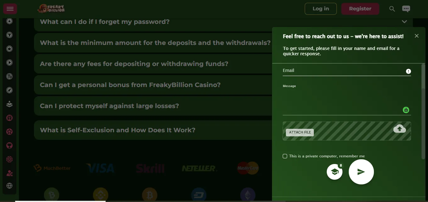 Screenshot of FreakyBillion's live chat support window