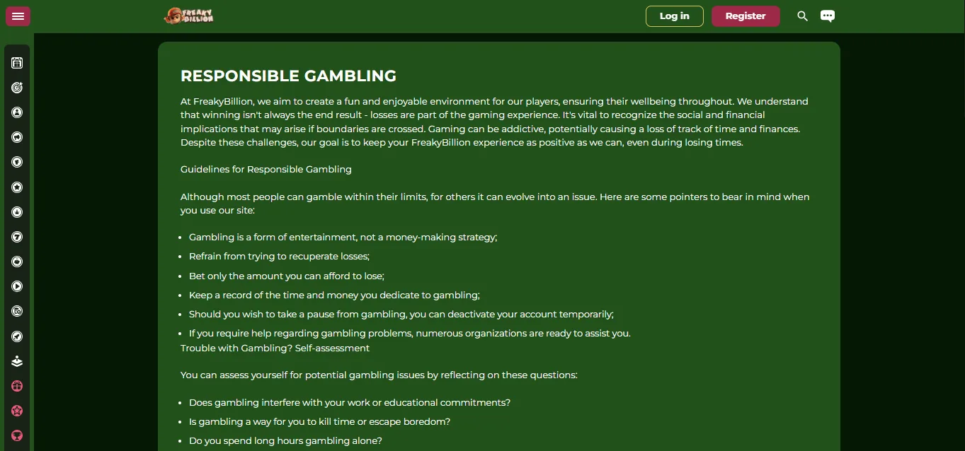 Screenshot of FreakyBillion's responsible-gambling tools