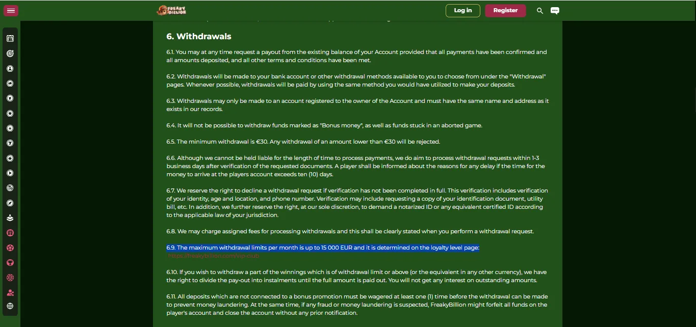 Screenshot of FreakyBillion's withdrawal section and limits
