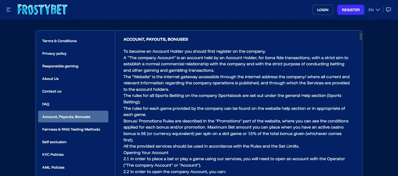 Screenshot of Frostybet's bonus terms and wagering requirements