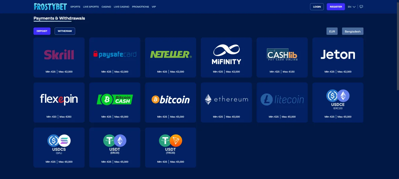 Screenshot of Frostybet's cashier and payment methods