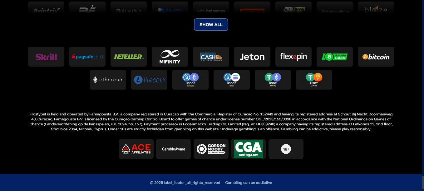 Screenshot of Frostybet's footer licence and regulator details