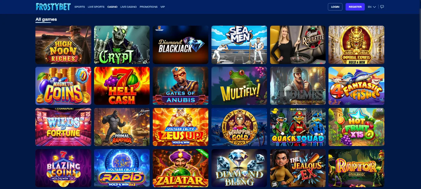 Screenshot of Frostybet's games lobby