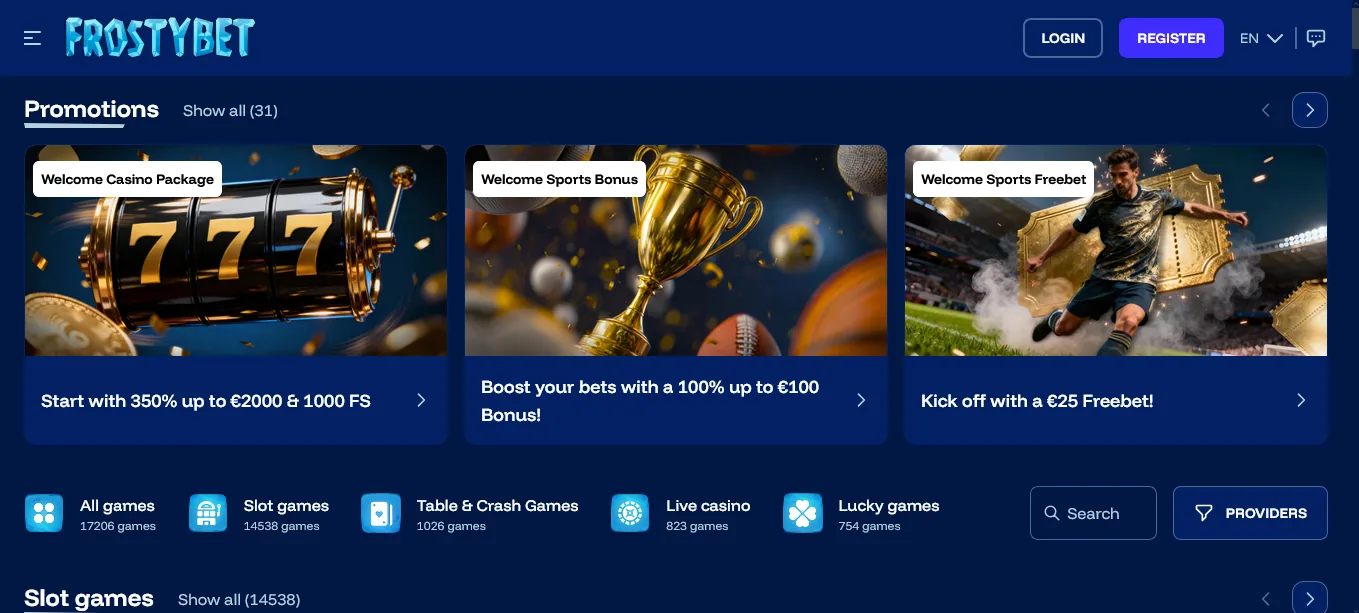 Screenshot of Frostybet's homepage