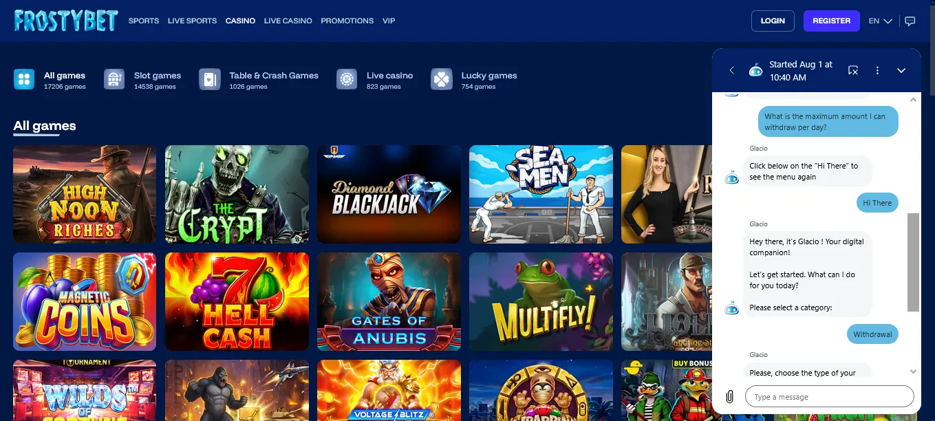 Screenshot of Frostybet's live chat support window