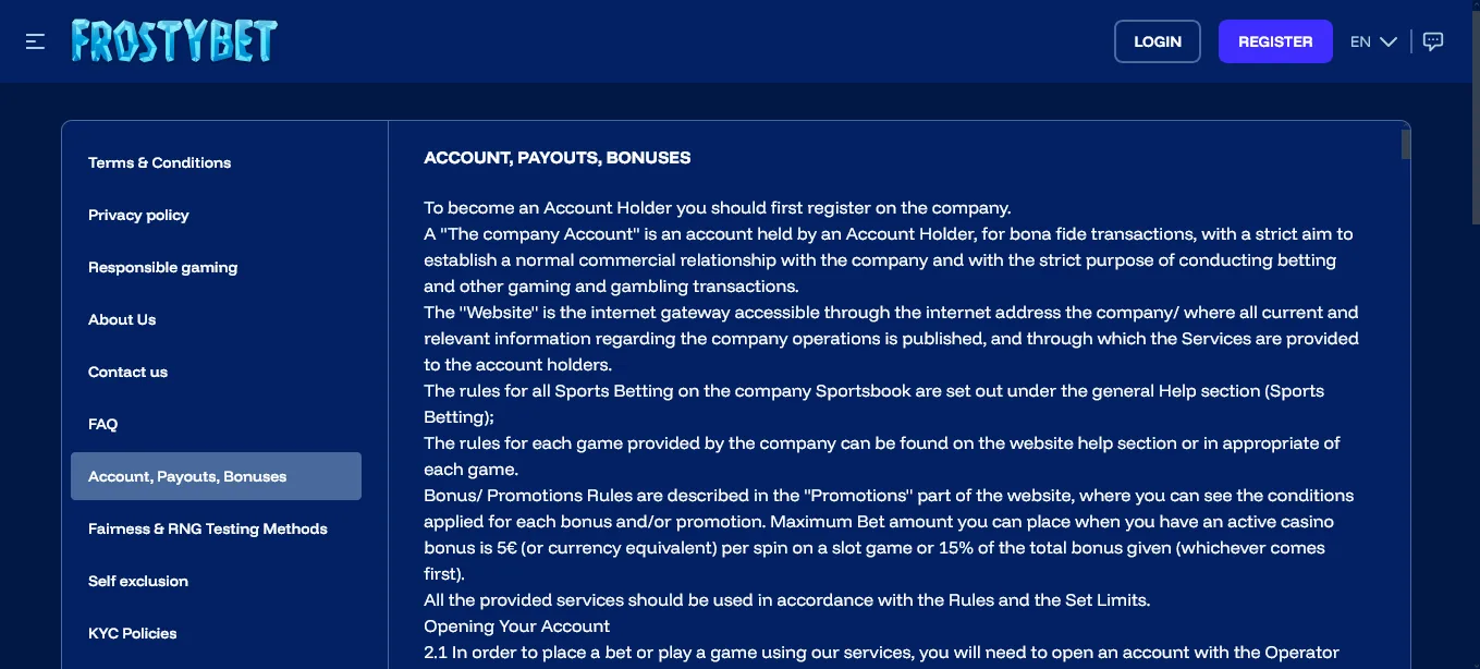 Screenshot of Frostybet's responsible-gambling tools