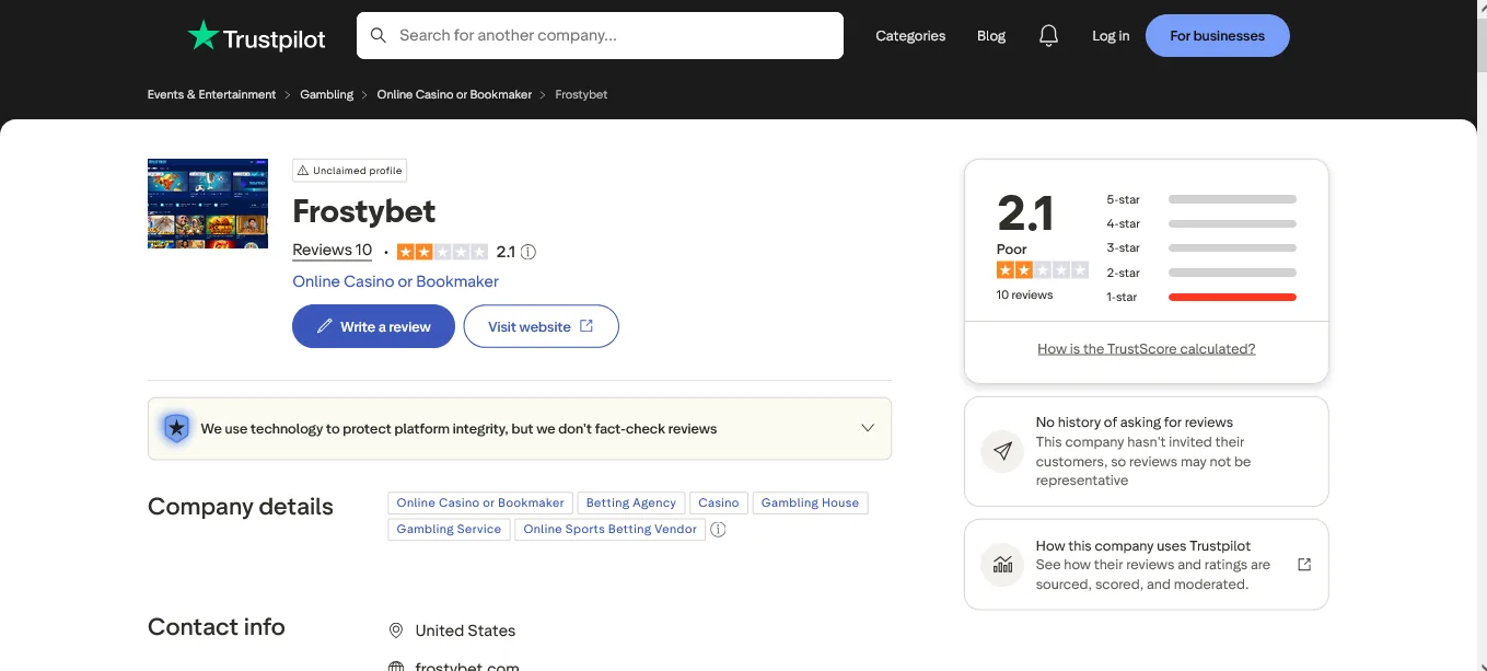 Screenshot of Frostybet's Trustpilot rating overview