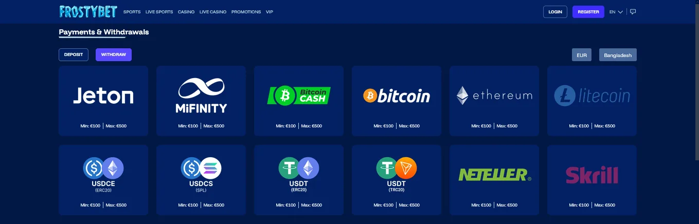 Screenshot of Frostybet's withdrawal section and limits