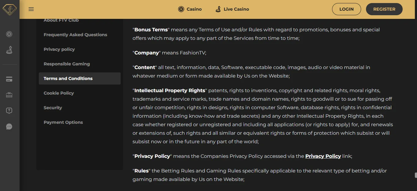 Screenshot of Ftv Club's bonus terms and wagering requirements