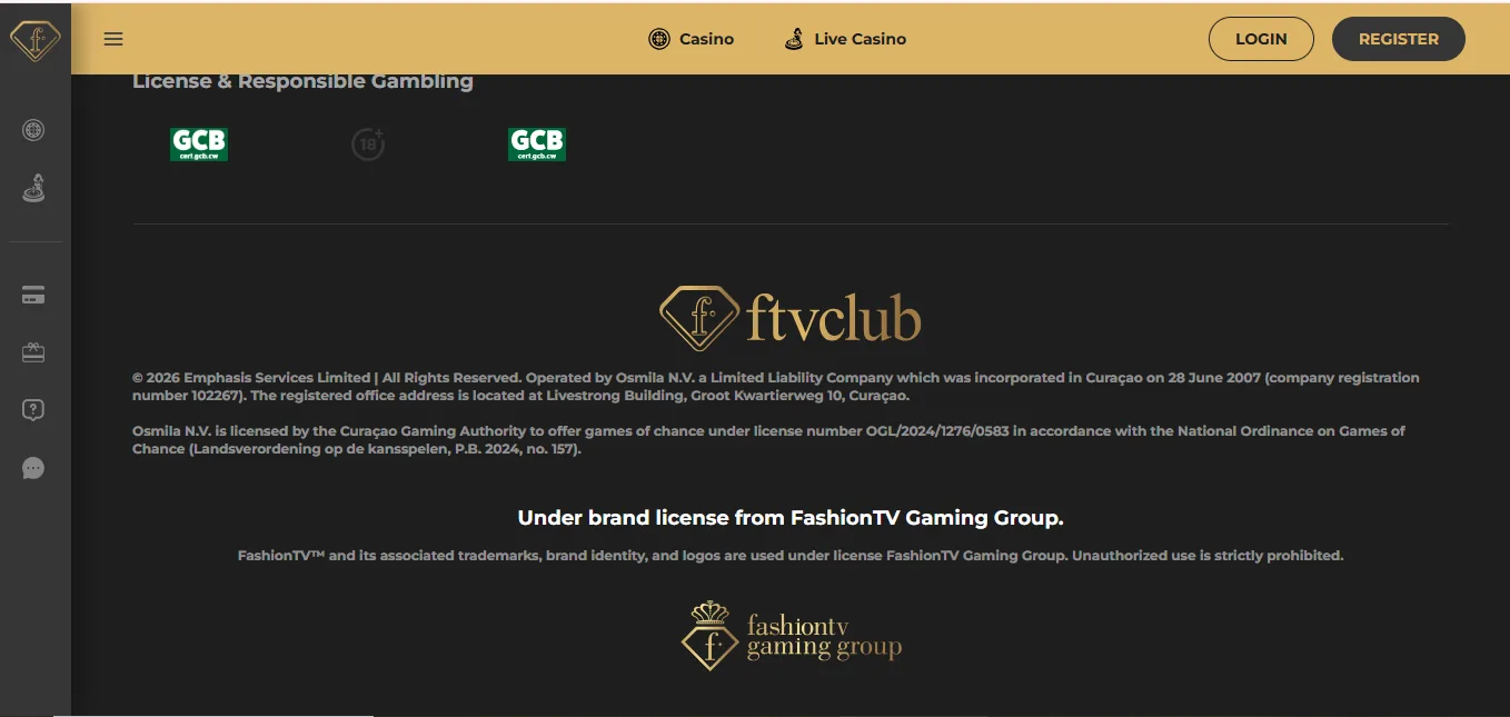 Screenshot of Ftv Club's footer licence and regulator details
