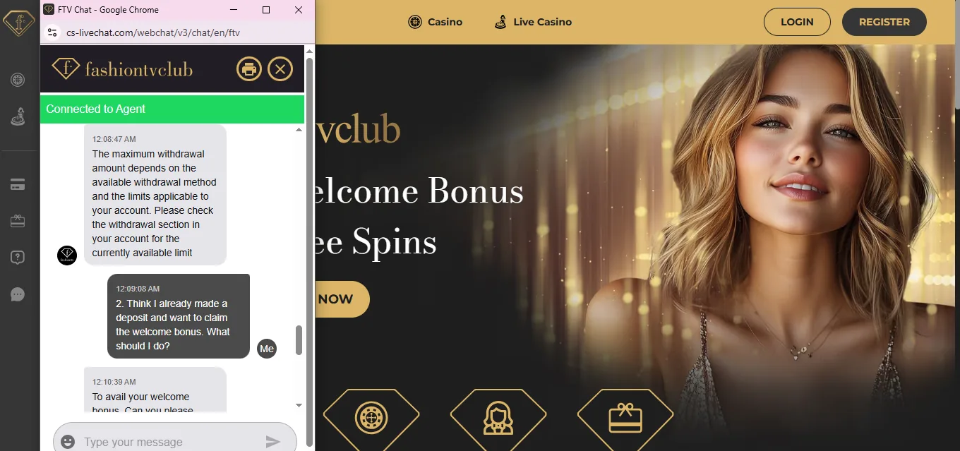 Screenshot of Ftv Club's live chat support window