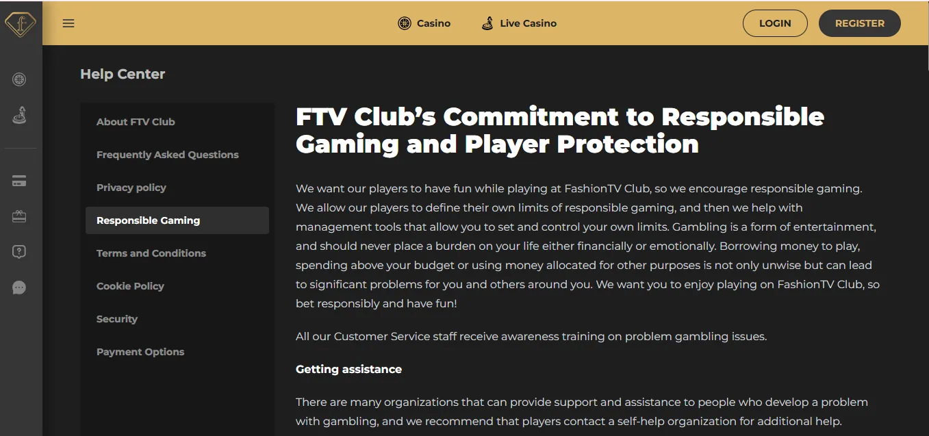 Screenshot of Ftv Club's responsible-gambling tools