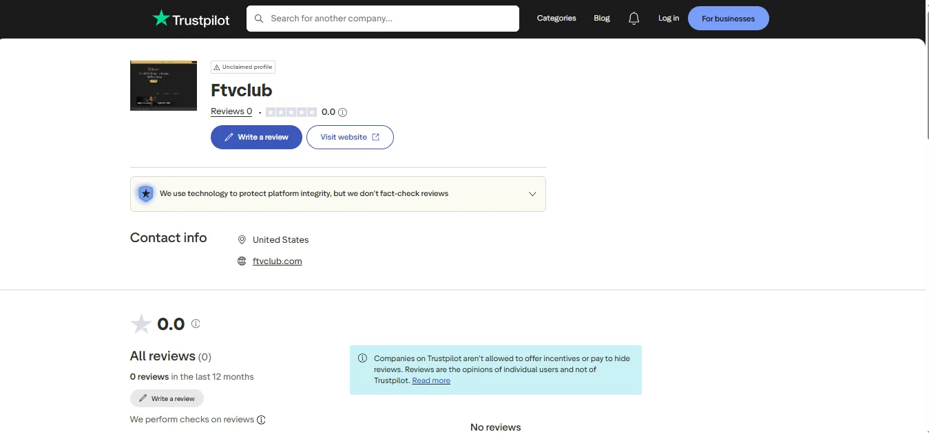 Screenshot of Ftv Club's Trustpilot rating overview