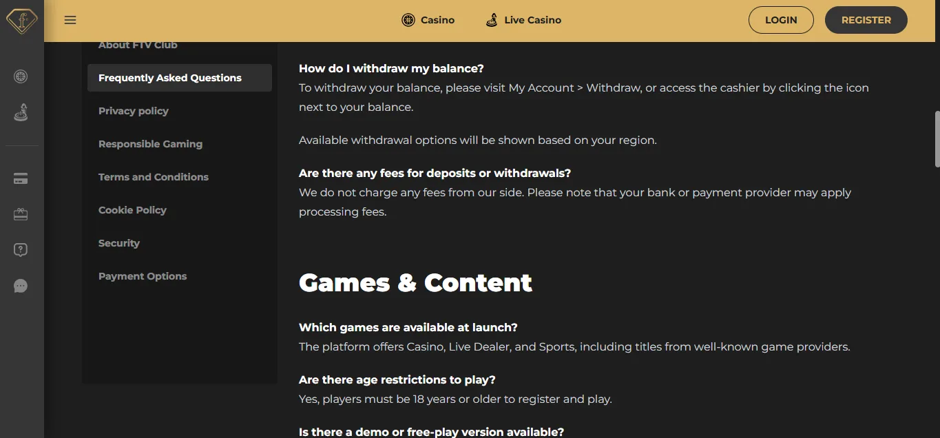 Screenshot of Ftv Club's withdrawal section and limits