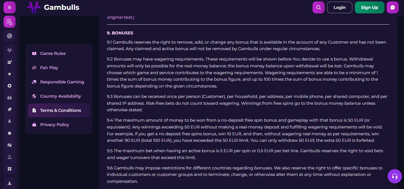 Screenshot of Gambulls's bonus terms and wagering requirements