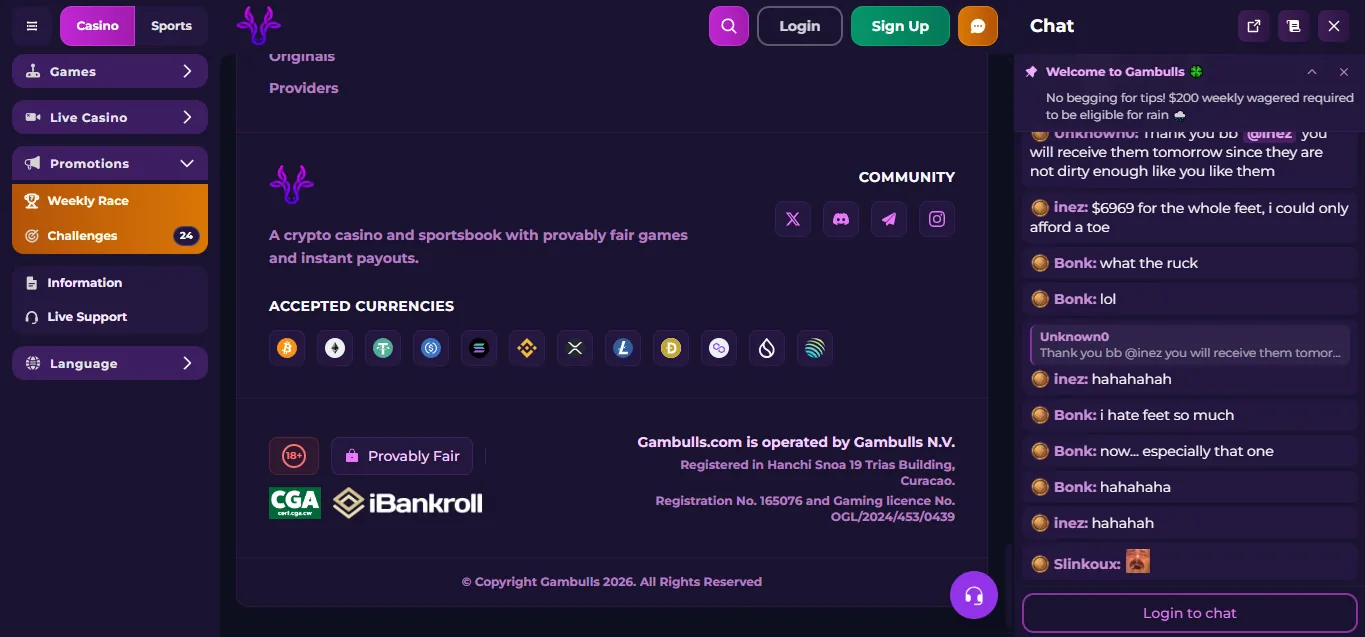 Screenshot of Gambulls's footer licence and regulator details