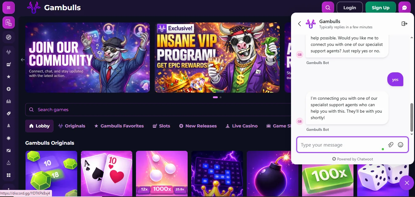 Screenshot of Gambulls's live chat support window
