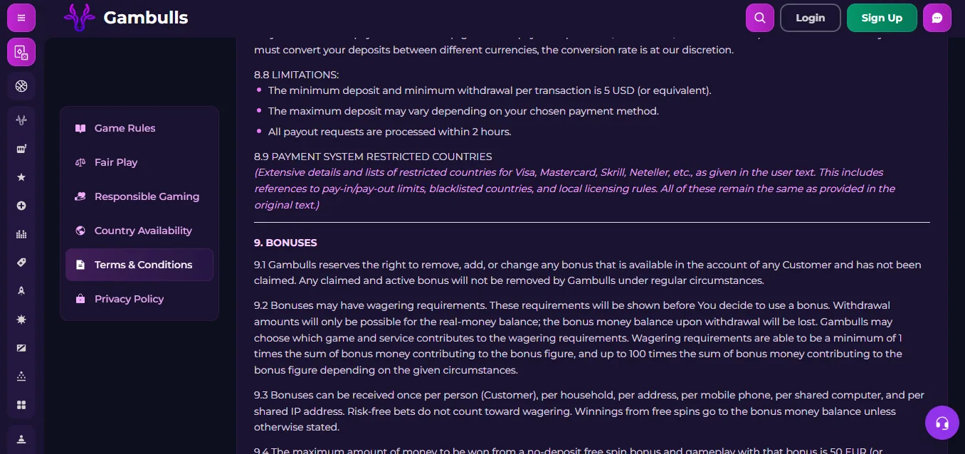 Screenshot of Gambulls's withdrawal section and limits