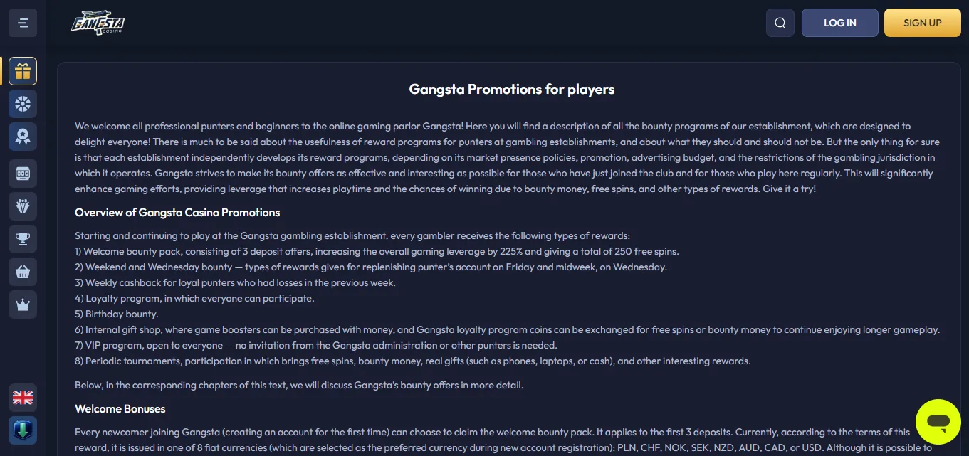 Screenshot of Gangsta Casino's bonus terms and wagering requirements