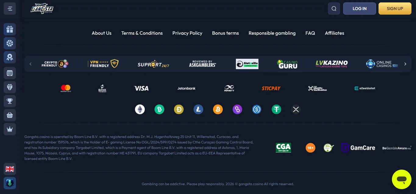 Screenshot of Gangsta Casino's footer licence and regulator details