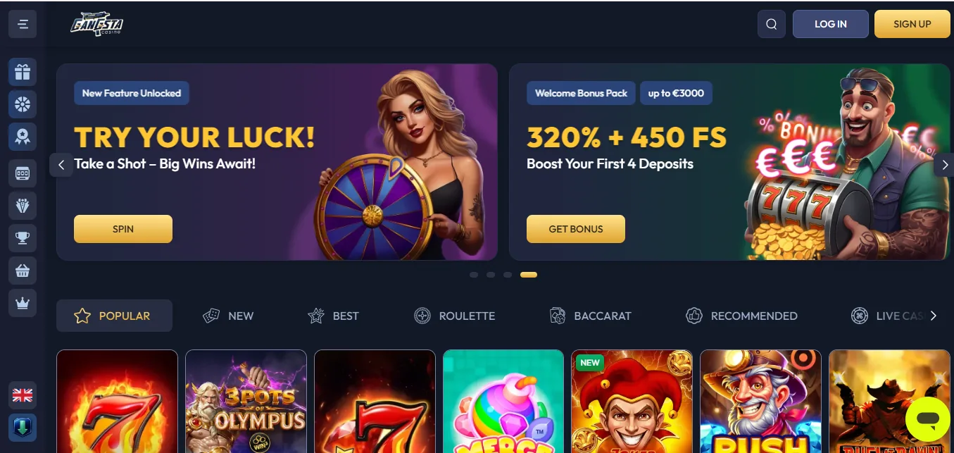 Screenshot of Gangsta Casino's homepage