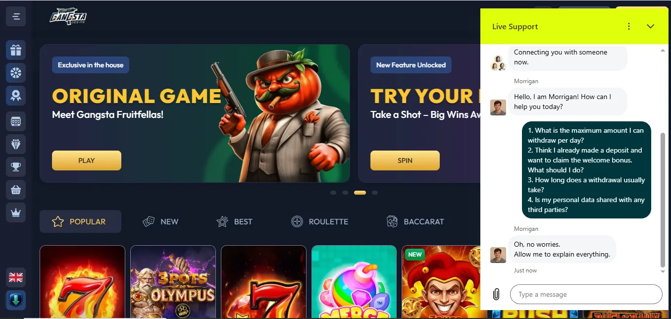 Screenshot of Gangsta Casino's live chat support window