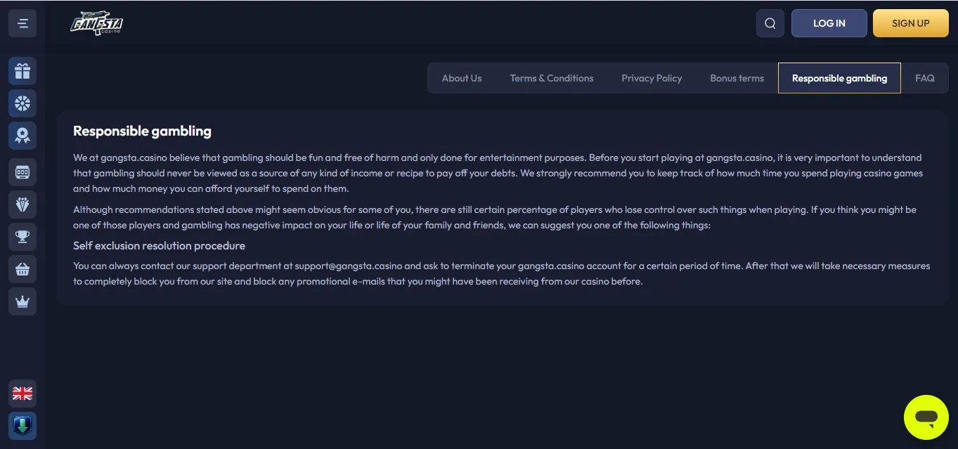 Screenshot of Gangsta Casino's responsible-gambling tools