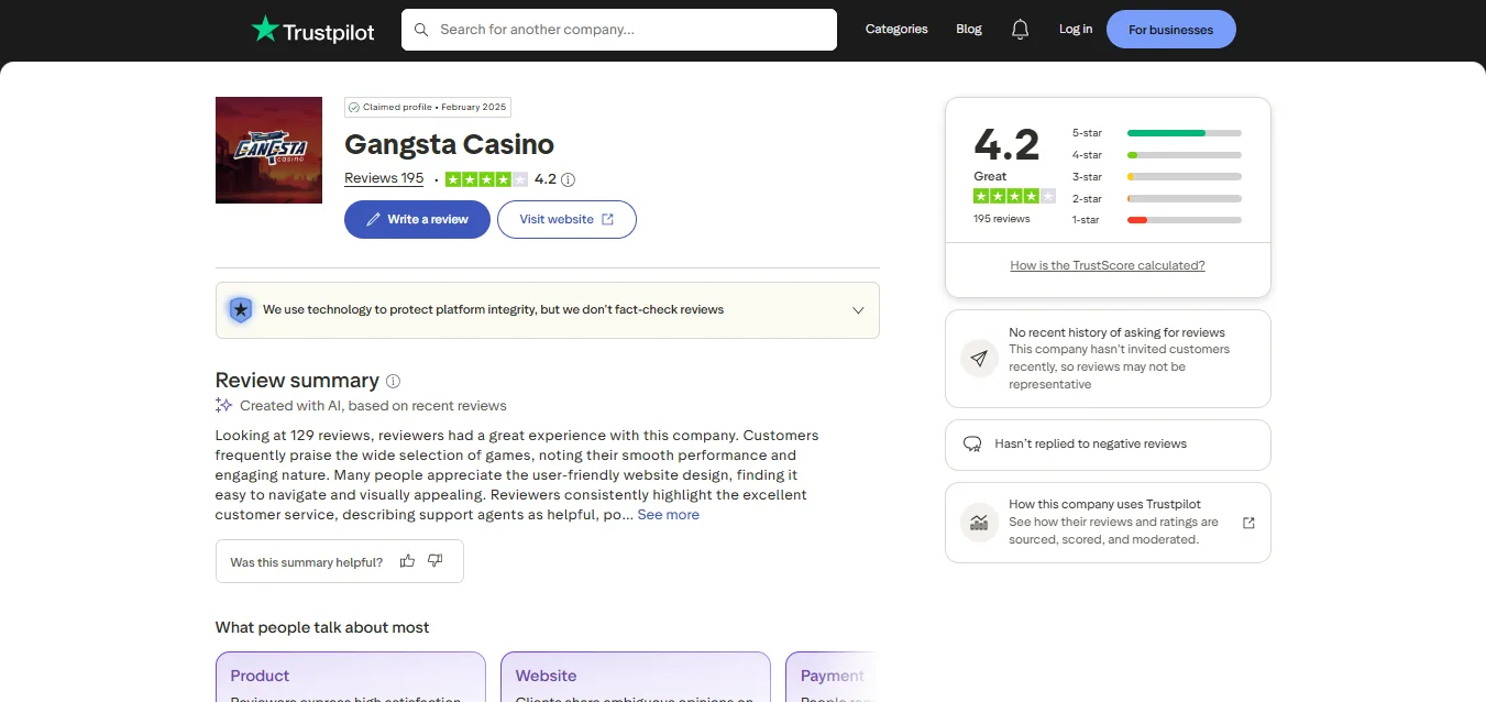 Screenshot of Gangsta Casino's Trustpilot rating overview