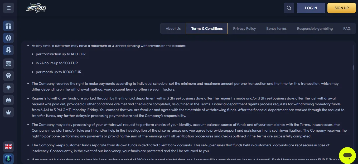 Screenshot of Gangsta Casino's withdrawal section and limits