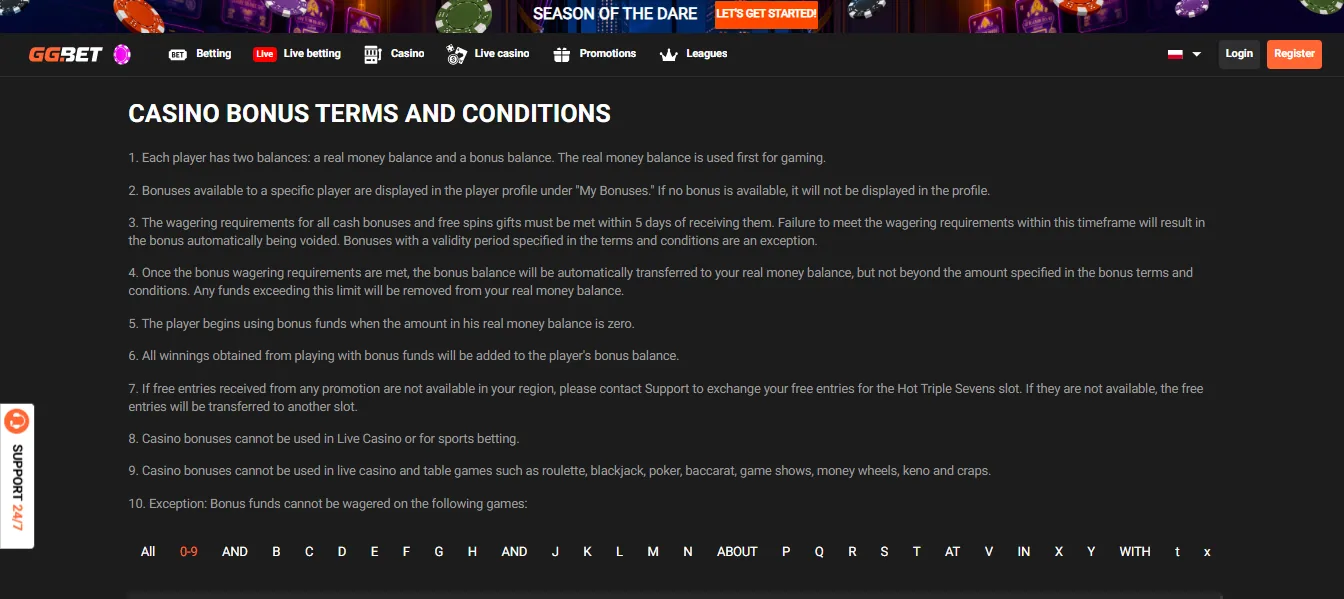 Screenshot of GGBet's bonus terms and wagering requirements