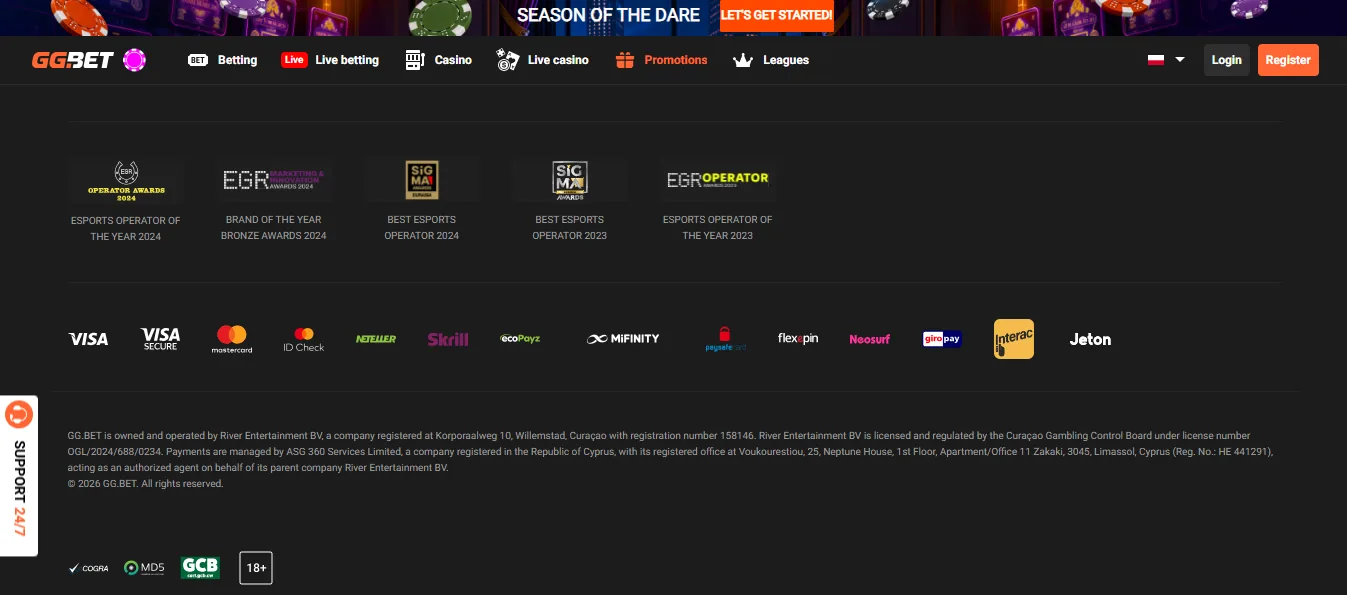 Screenshot of GGBet's cashier and payment methods