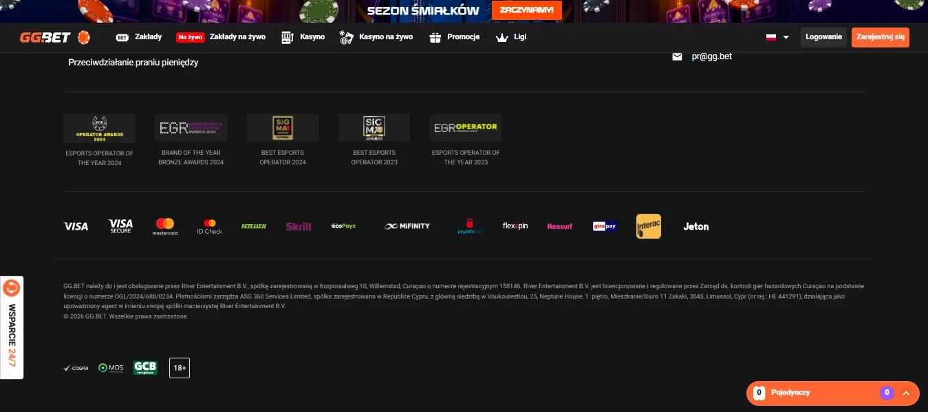 Screenshot of GGBet's footer licence and regulator details