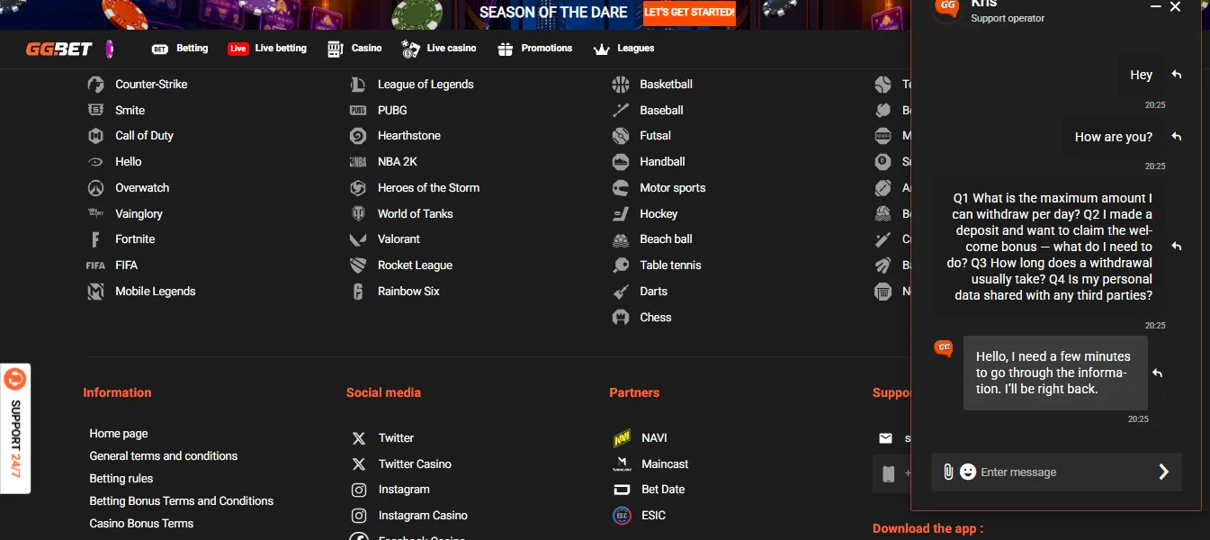 Screenshot of GGBet's live chat support window