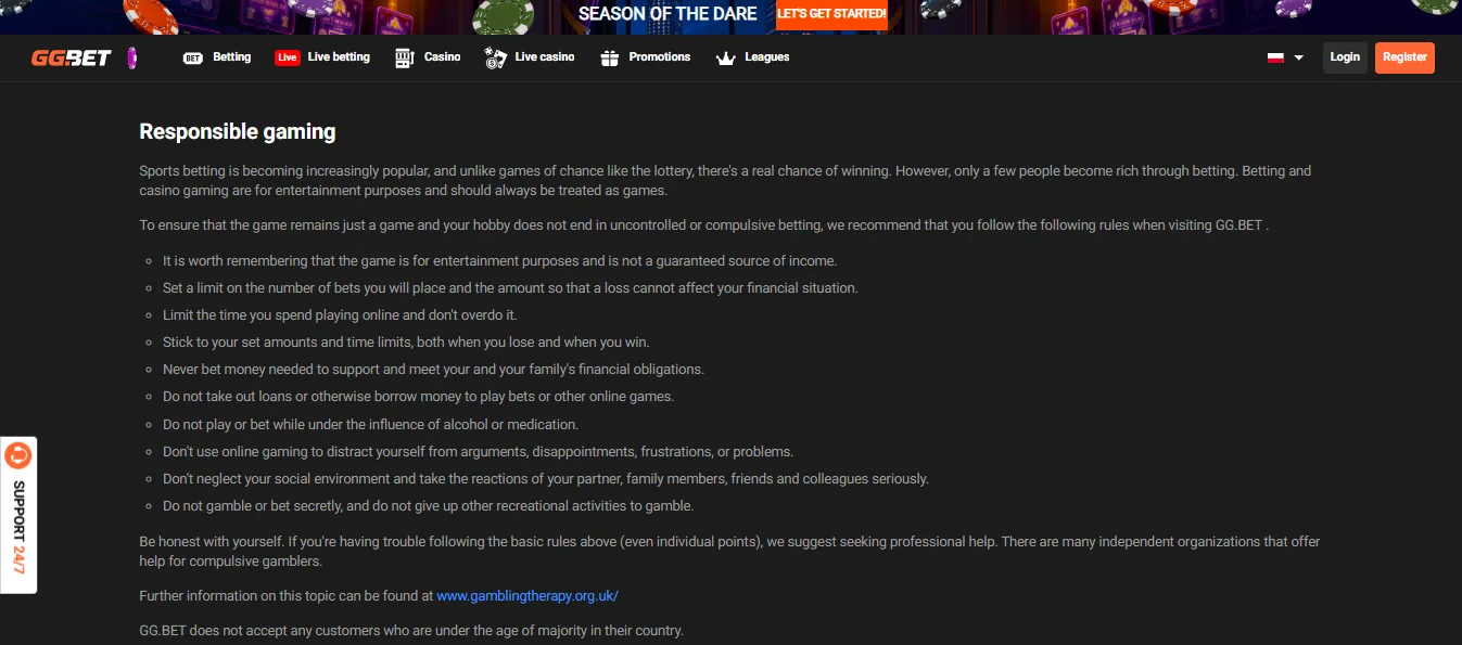 Screenshot of GGBet's responsible-gambling tools