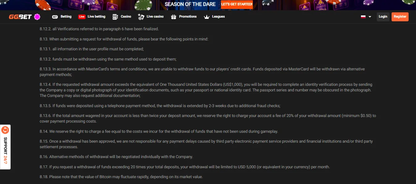 Screenshot of GGBet's withdrawal section and limits