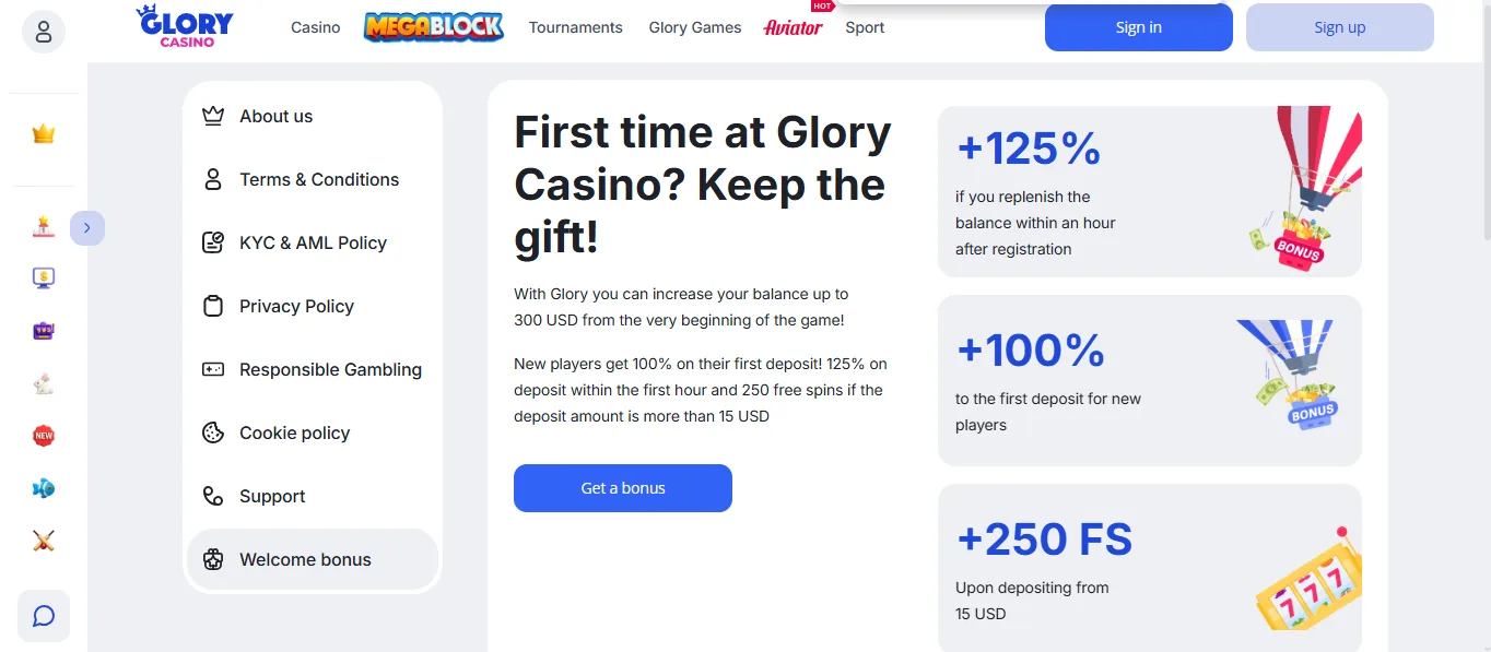 Screenshot of Glory Casino's welcome bonus offer