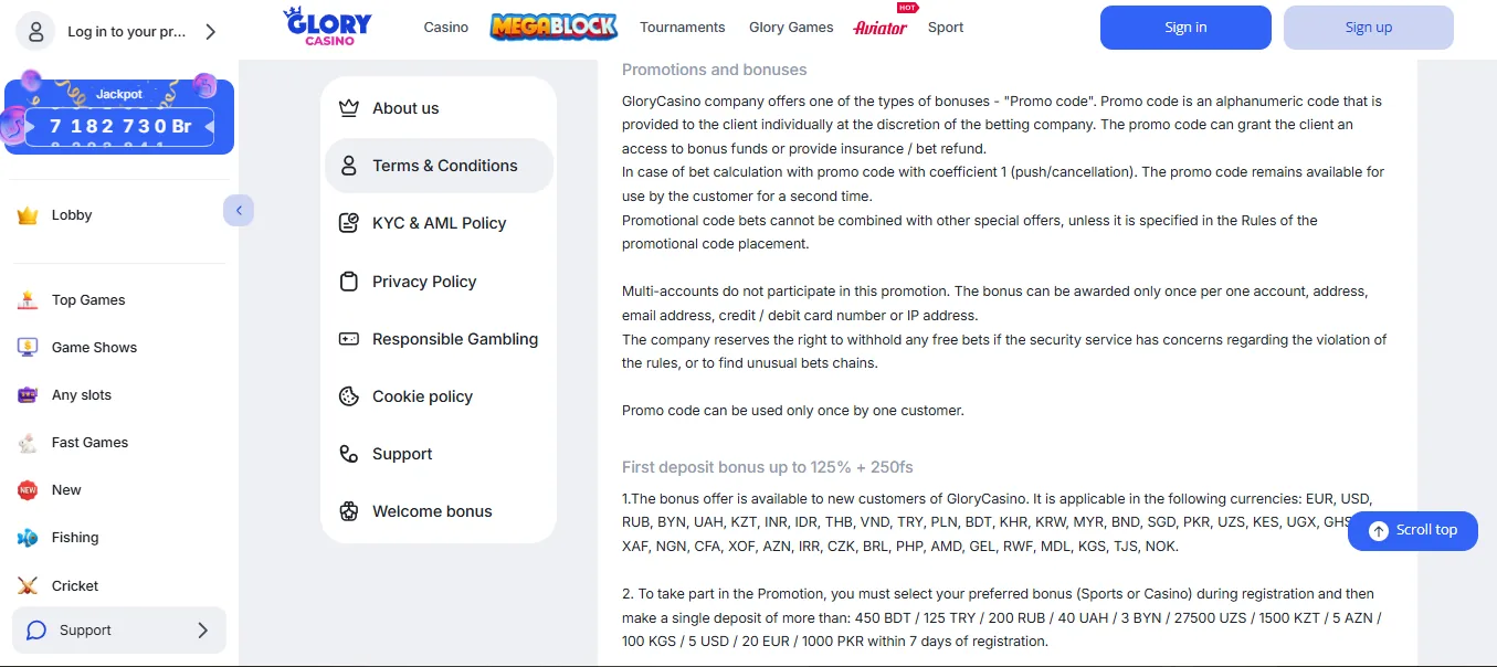 Screenshot of Glory Casino's bonus terms and wagering requirements