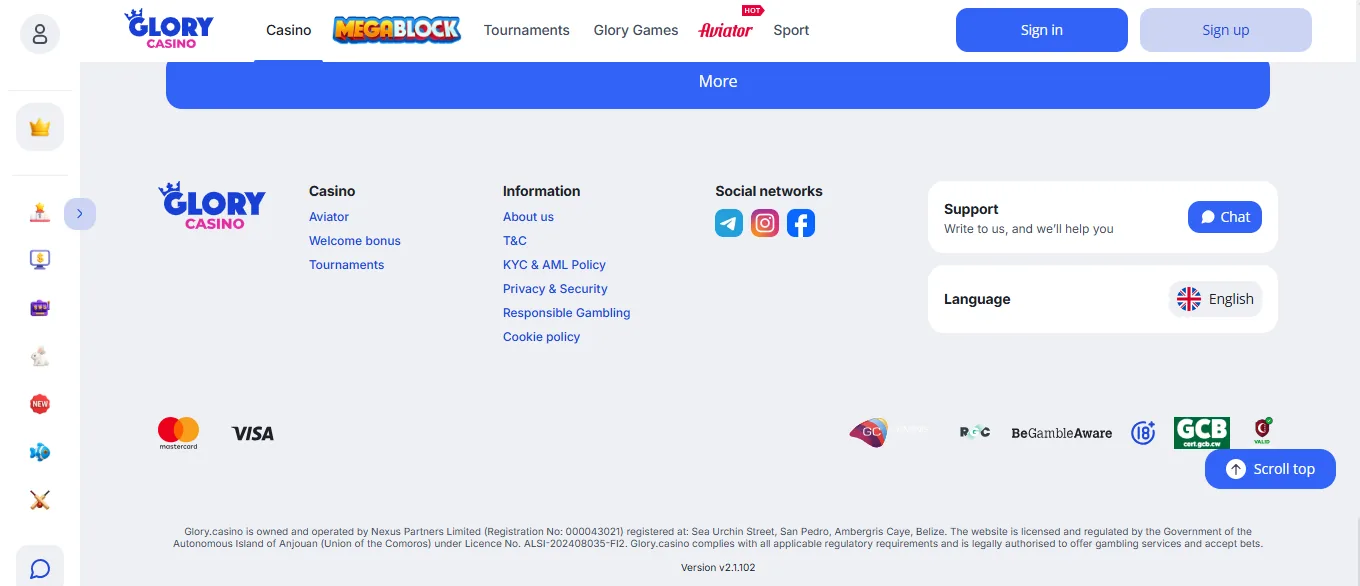 Screenshot of Glory Casino's footer licence and regulator details